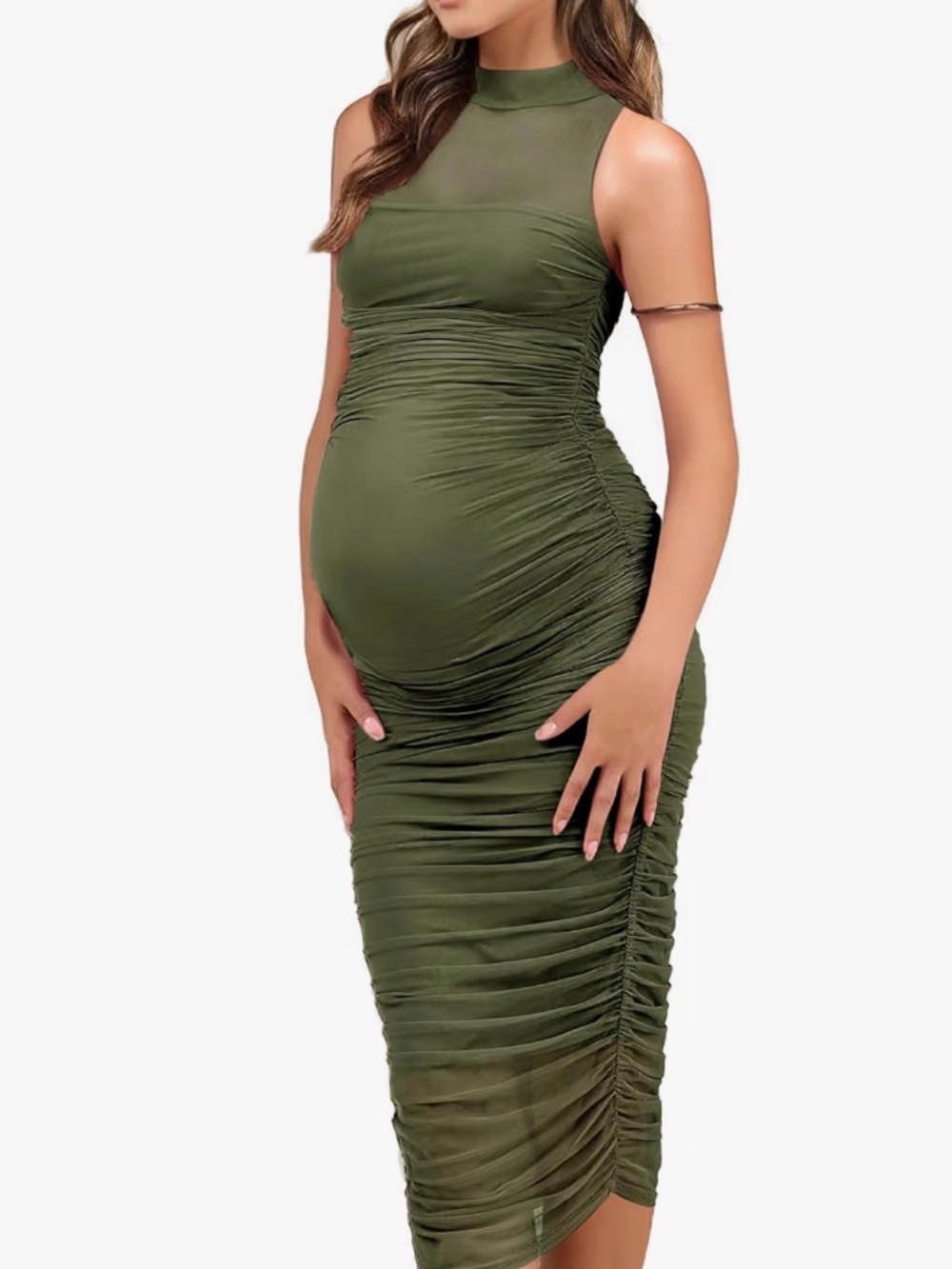 Sleeveless Olive Green Maternity Ruched Midi Dress